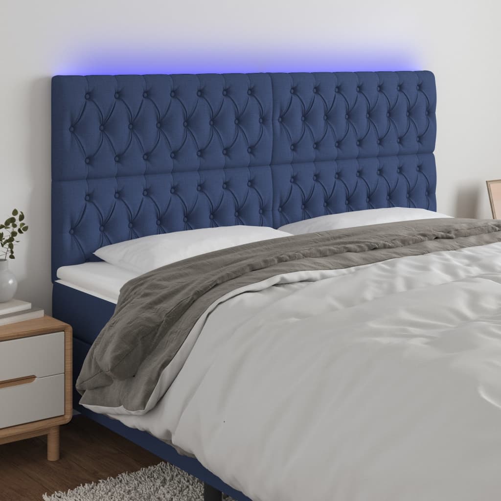 Cabeceira de cama c/ luzes LED tecido 180x7x118/128 cm azul