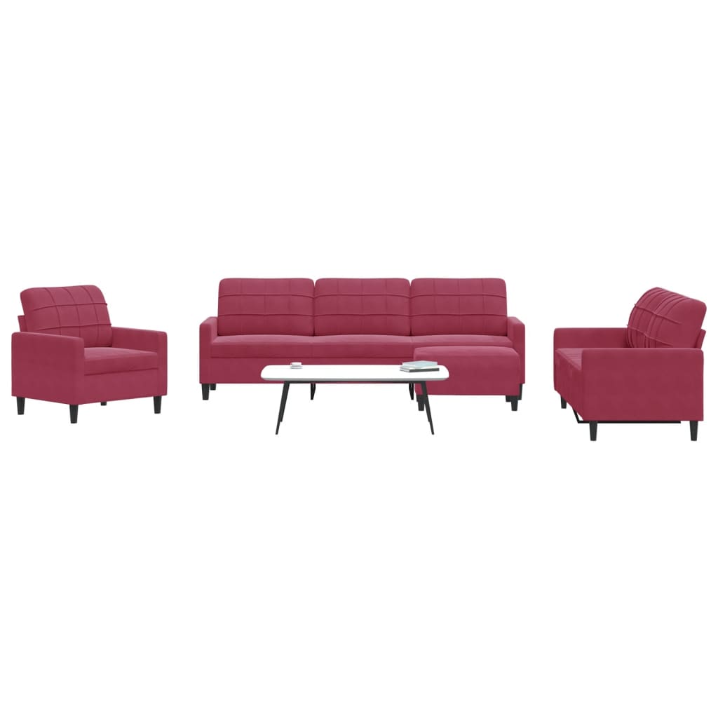 4 Pcs conjunto de sofás com almofadões veludo vermelho tinto