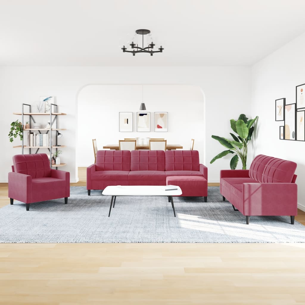 4 Pcs conjunto de sofás com almofadões veludo vermelho tinto
