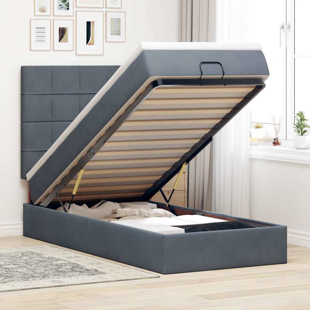 Moldura de cama otomana com colchões cinza escuro veludo