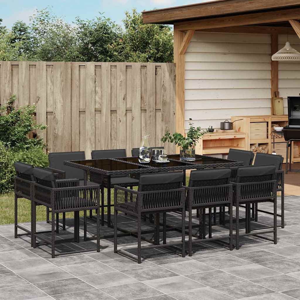 11 Pcs conjunto de jantar p/ jardim c/ almofadões vime PE preto