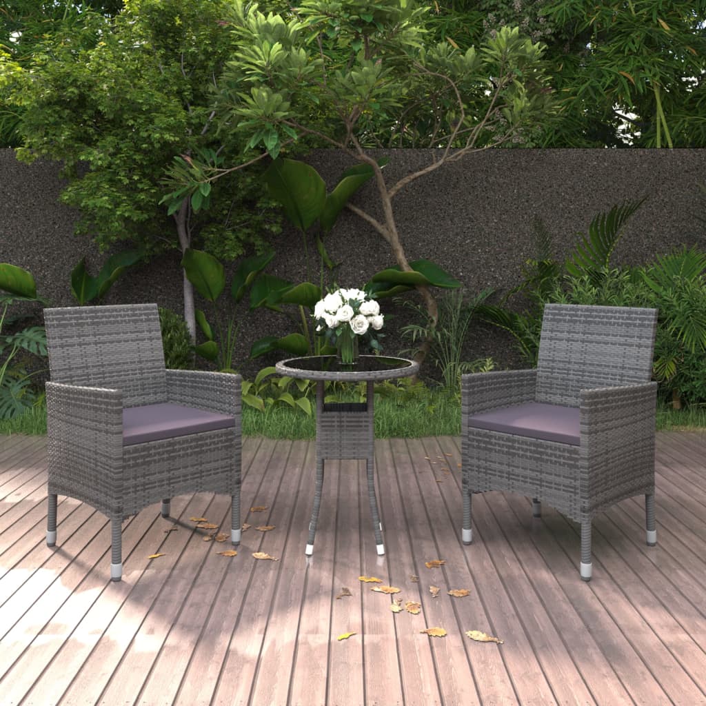3 Pcs conjunto de jantar para jardim vime PE cinzento