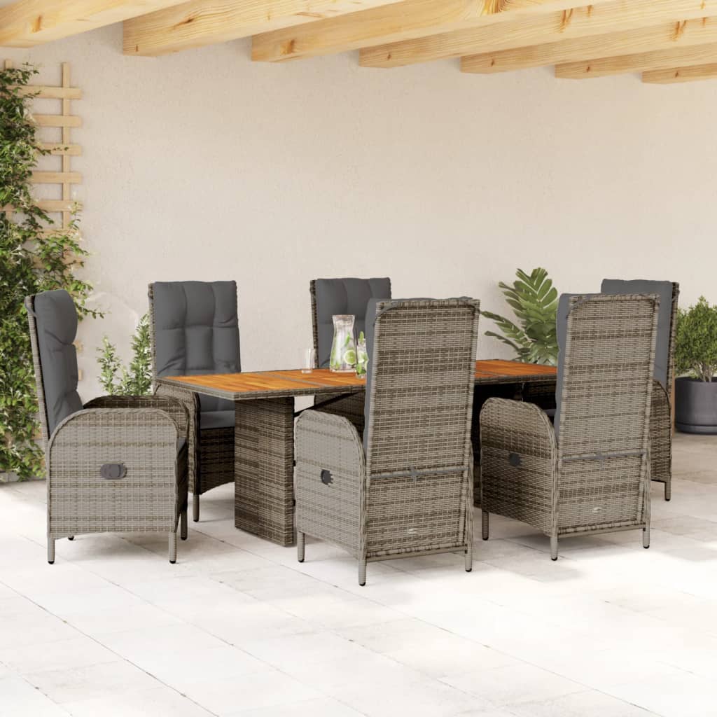 7 Pcs conjunto de jantar p/ jardim c/ almofadões vime PE cinza
