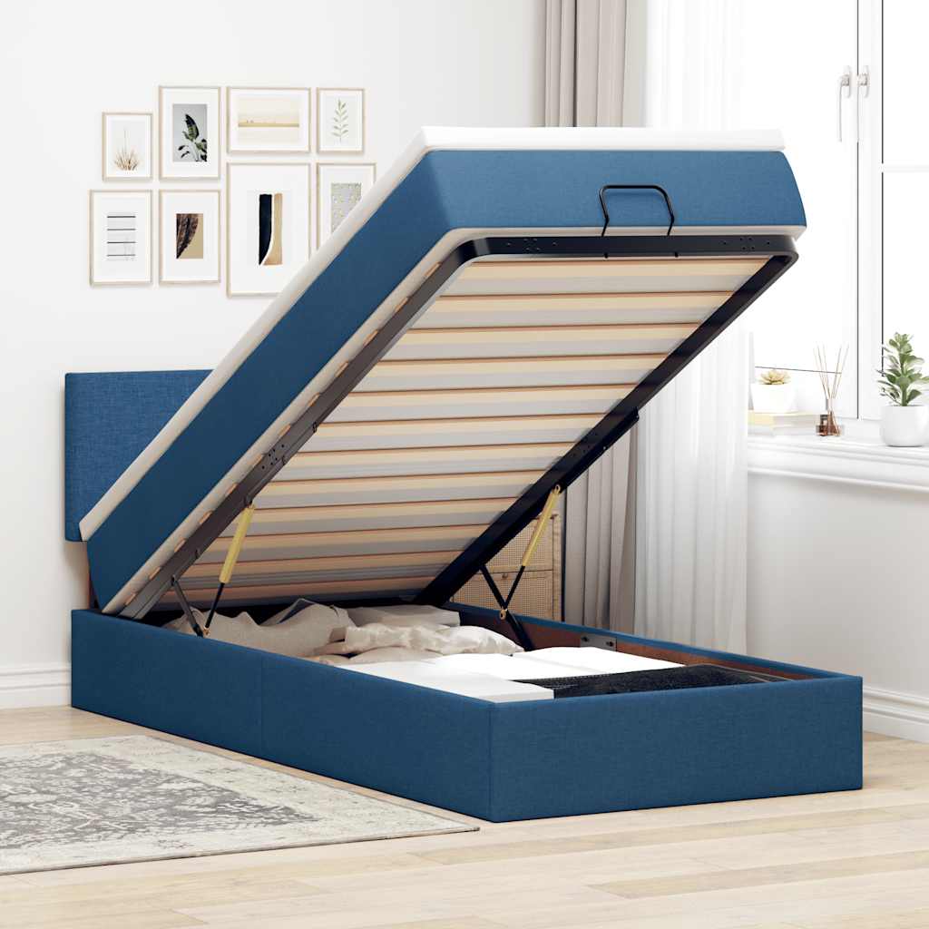 Cama otomana com colchão & leds tecido azul 100x200 cm