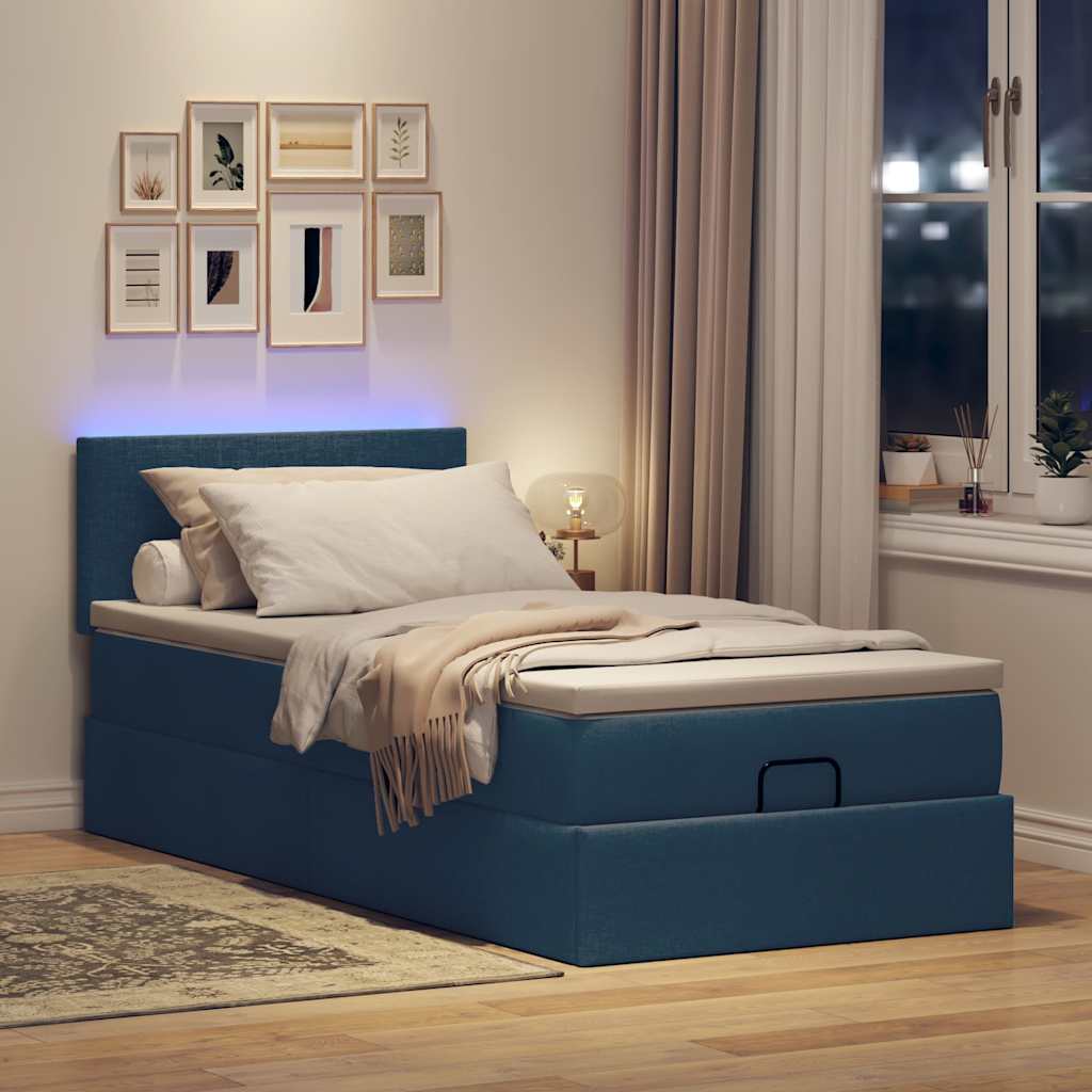 Cama otomana com colchão & leds tecido azul 100x200 cm