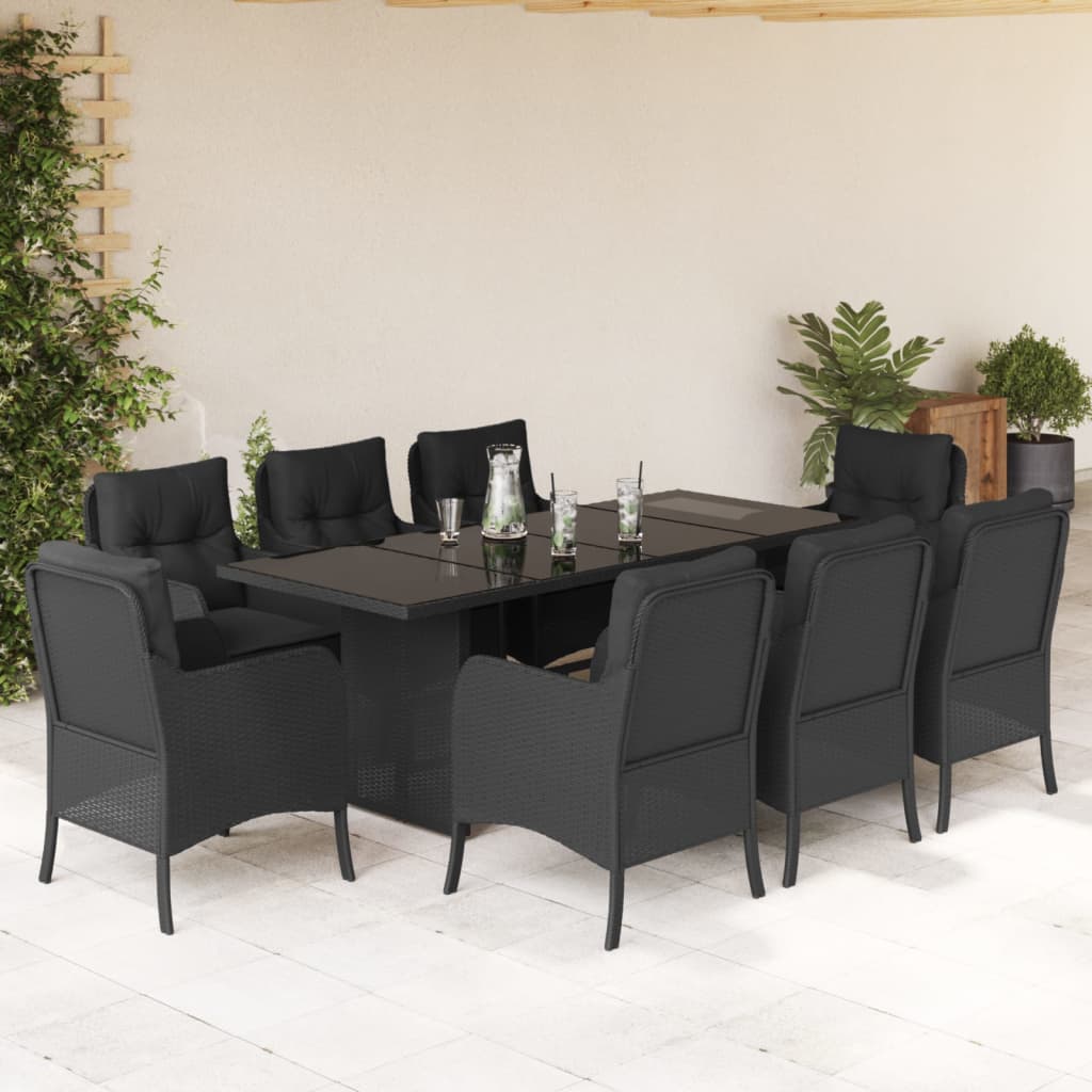 9 Pcs conjunto de jantar p/ jardim c/ almofadões vime PE preto