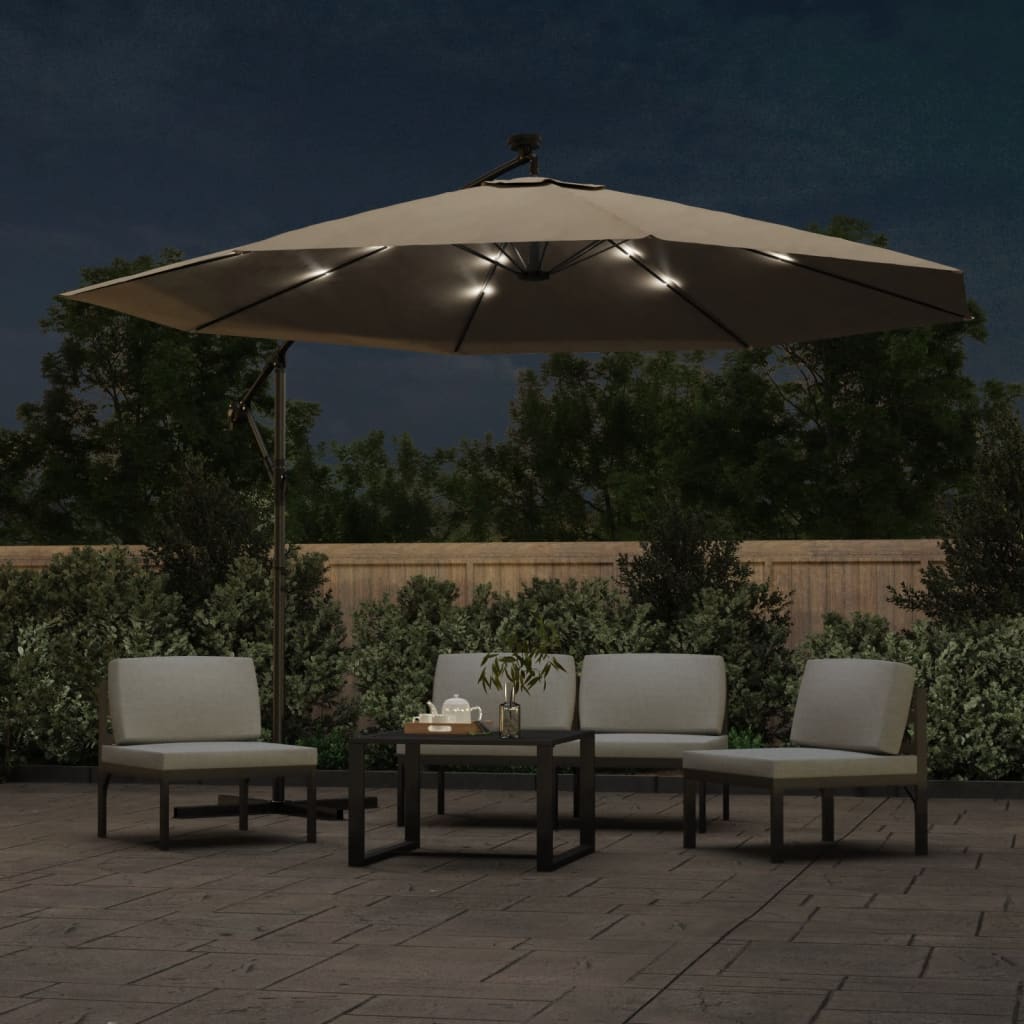 Guarda-sol cantilever c/ luzes LED 350 cm cinza-acastanhado