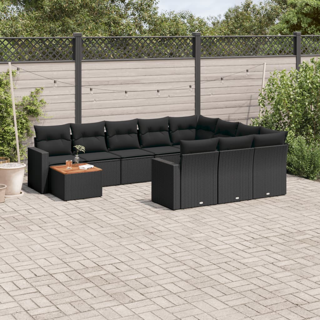 11 Pcs conjunto sofás de jardim c/ almofadões vime PE preto
