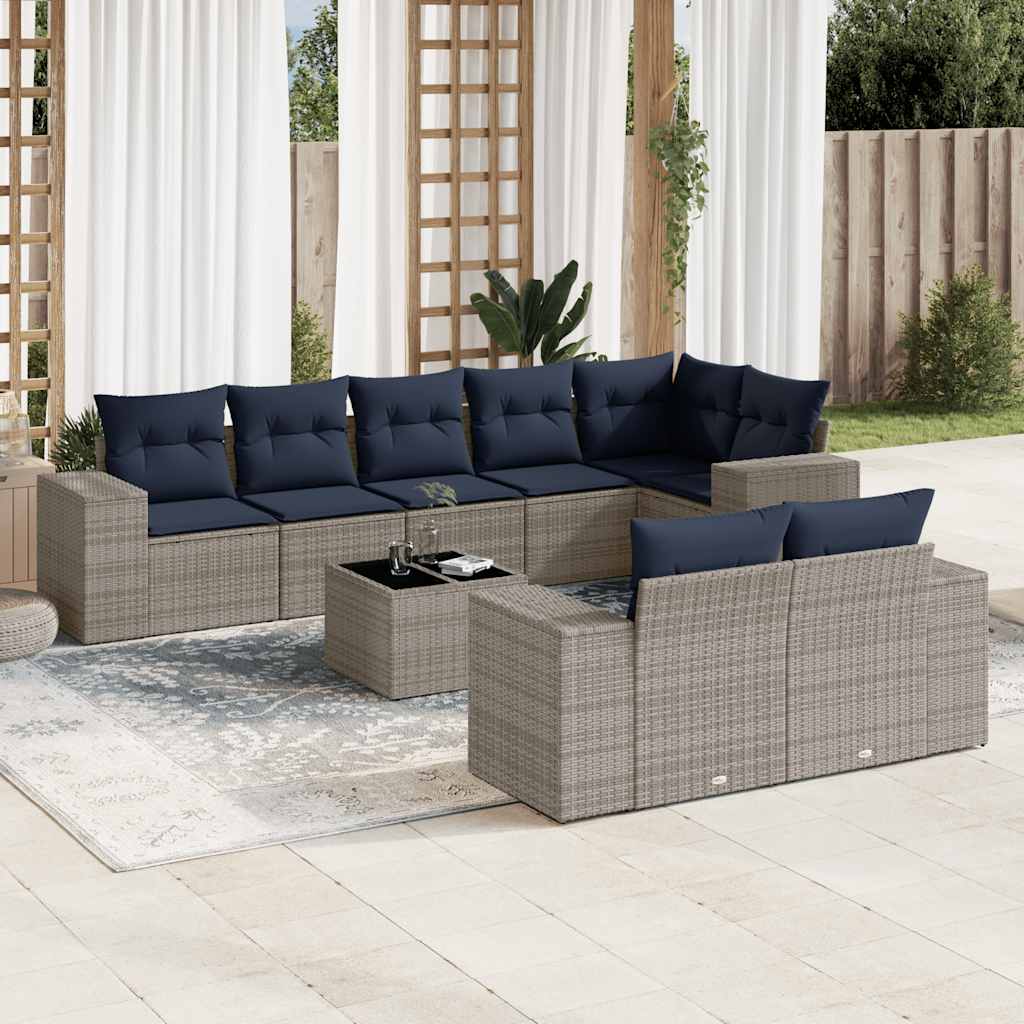 Conjunto de sofá de jardim de 9 peças com almofadas em rattan sintético cinza