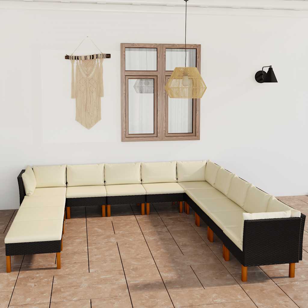 12 Pcs conjunto lounge de jardim c/ almofadões vime PE preto