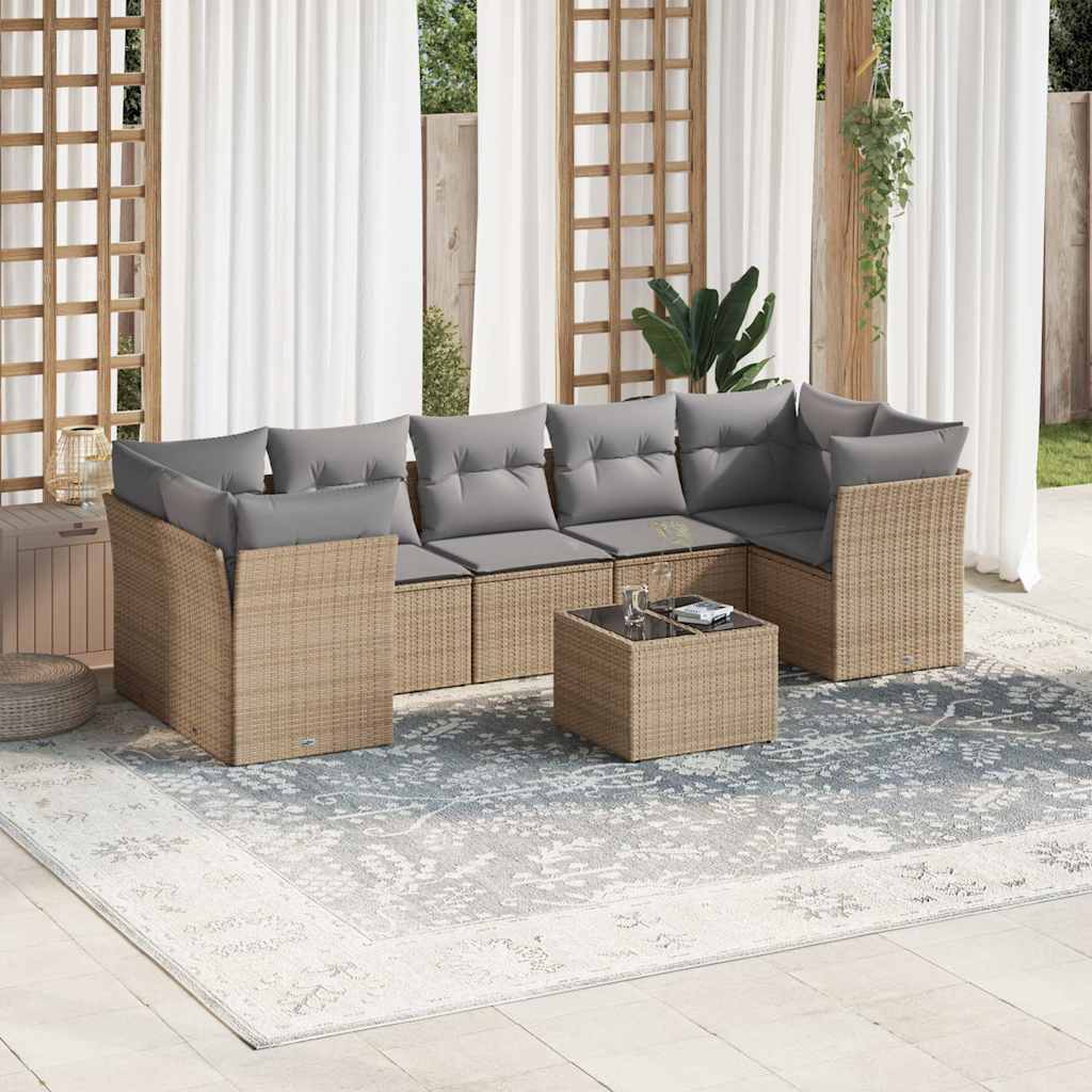 8 Pcs conjunto de sofás p/ jardim com almofadões vime PE bege