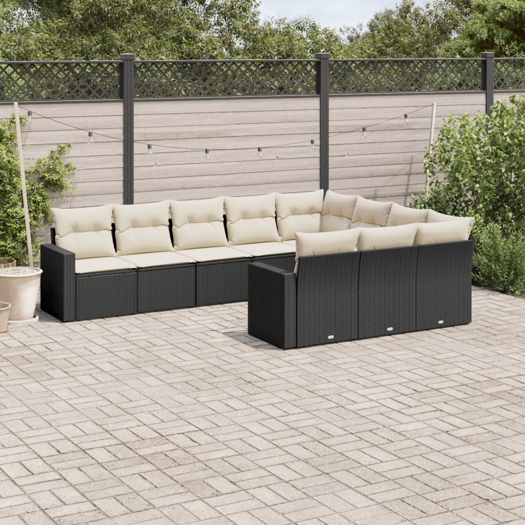 10 Pcs conjunto sofás de jardim c/ almofadões vime PE preto