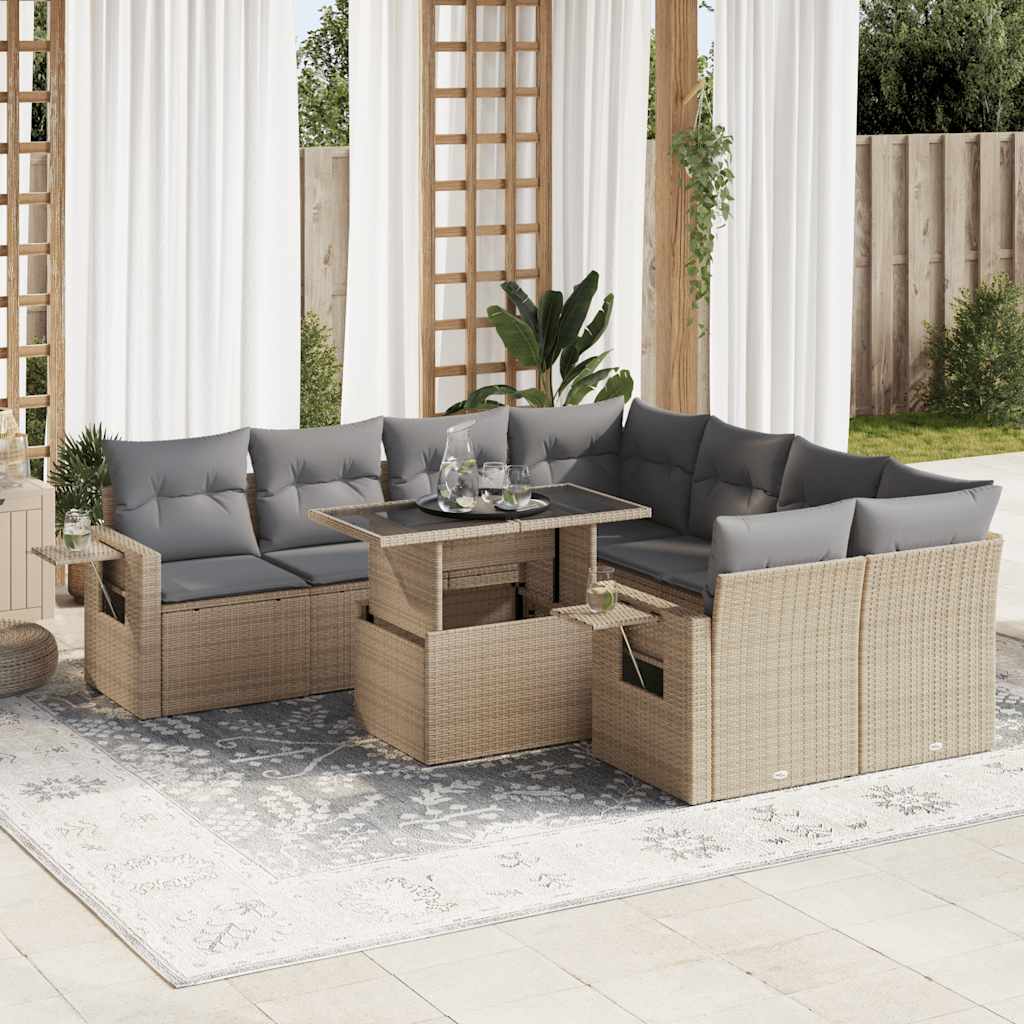 9 Pcs conjunto de sofás p/ jardim com almofadões vime PE bege