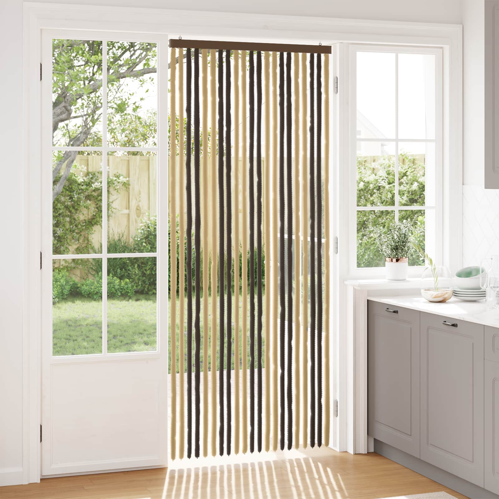 Cortina de insetos chenille marrom escuro e bege 90 x 220 cm