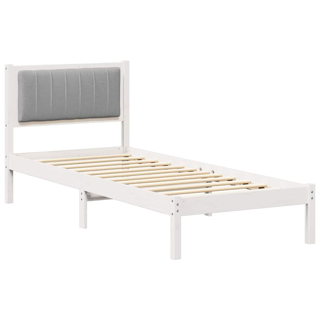 Estrutura de cama com cabeceira estofada cinzento-claro
