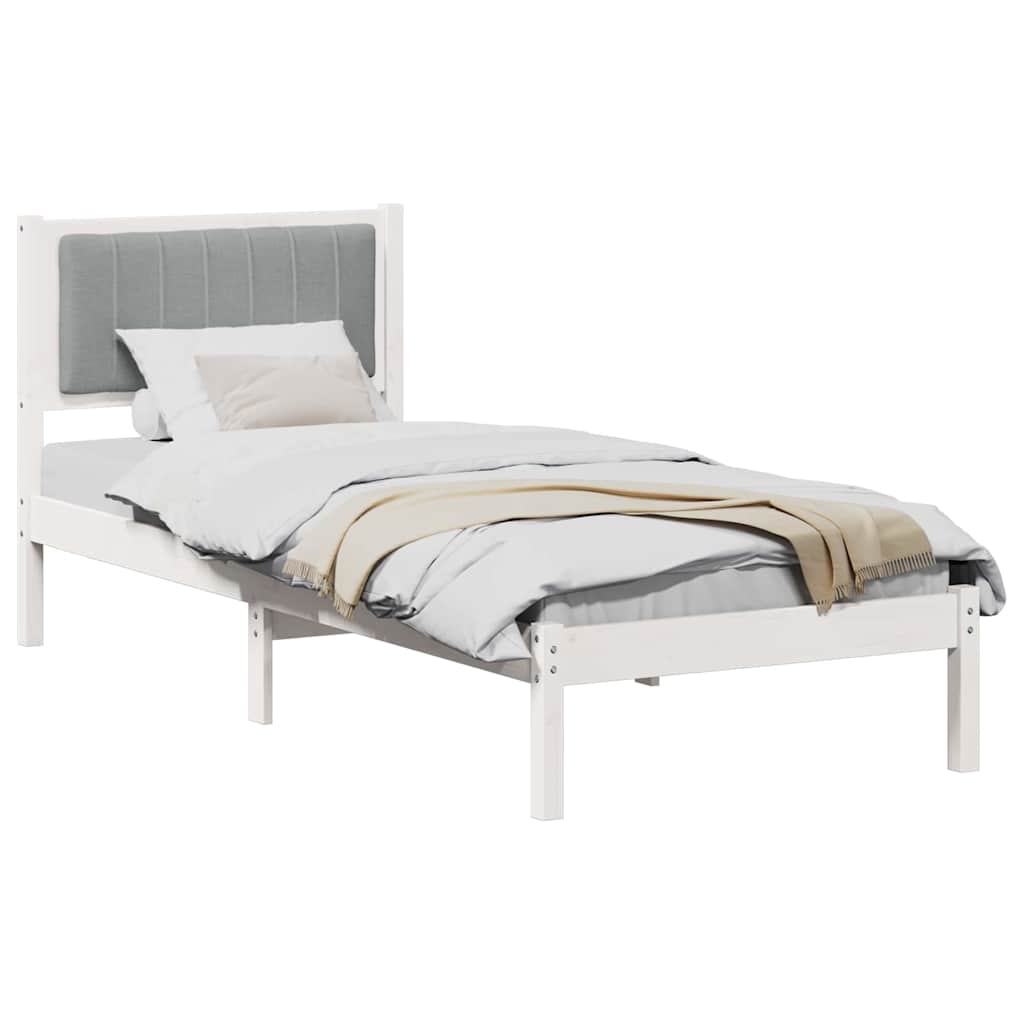 Estrutura de cama com cabeceira estofada cinzento-claro