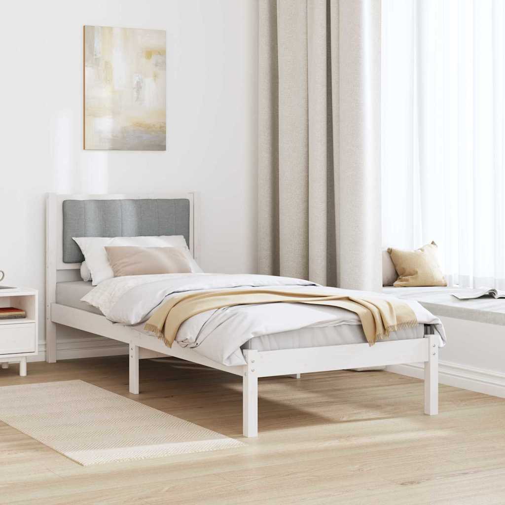 Estrutura de cama com cabeceira estofada cinzento-claro