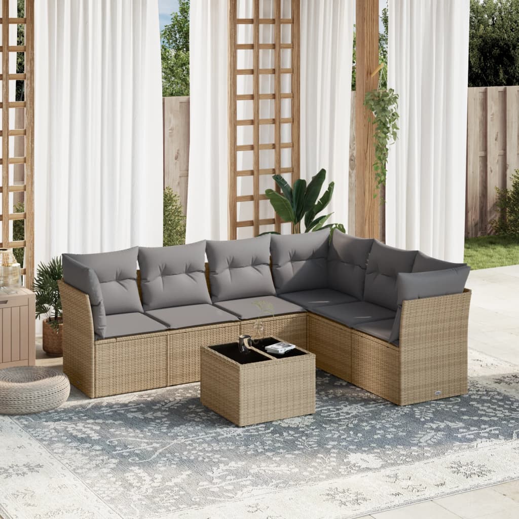 7 Pcs conjunto de sofás p/ jardim com almofadões vime PE bege