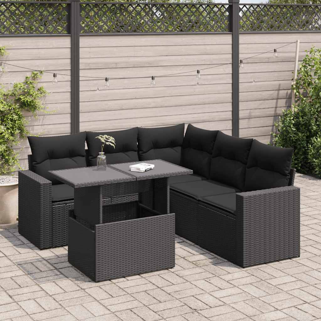 6 Pcs conjunto sofás de jardim c/ almofadões vime PE preto