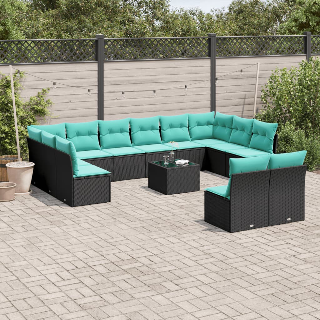 Conjunto de sofá de jardim com 13 peças e almofadas em rattan sintético preto