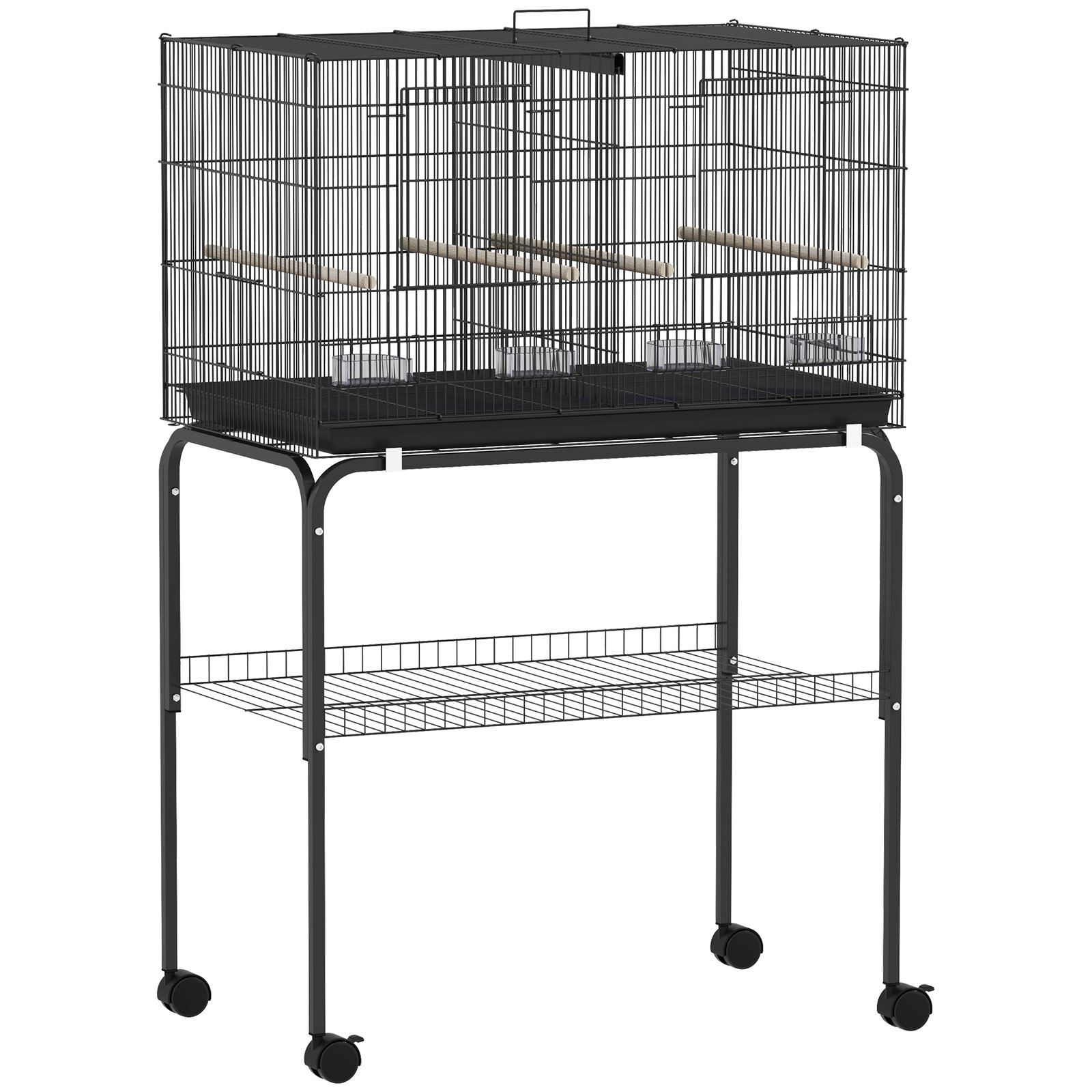 Gaiola para pássaros com divisória rodas gaiola para aves com comedouros poleiros e bandeja removível 76x46x116 cm preto