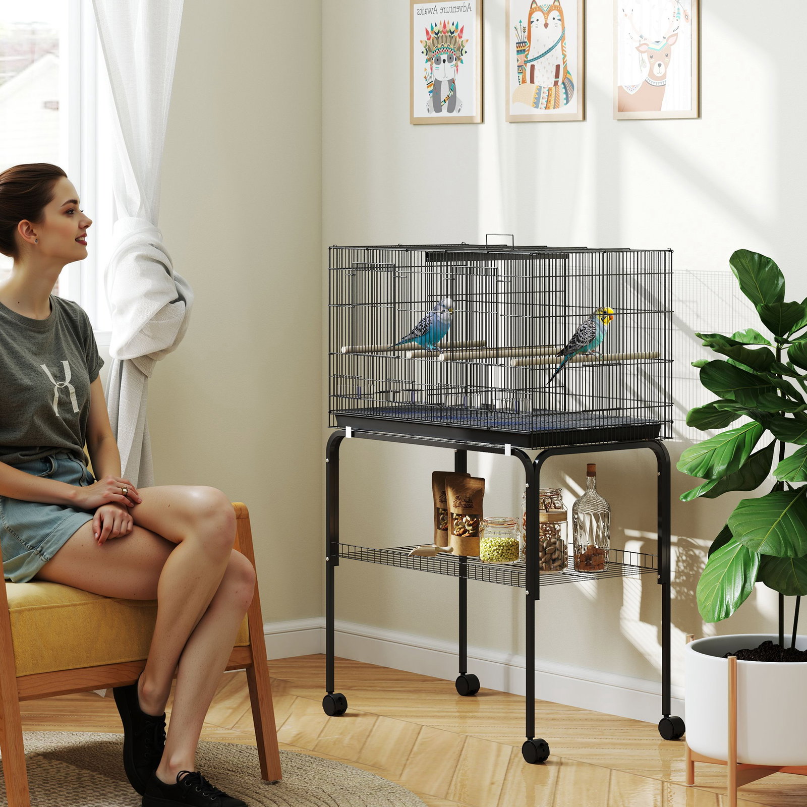 Gaiola para pássaros com divisória rodas gaiola para aves com comedouros poleiros e bandeja removível 76x46x116 cm preto