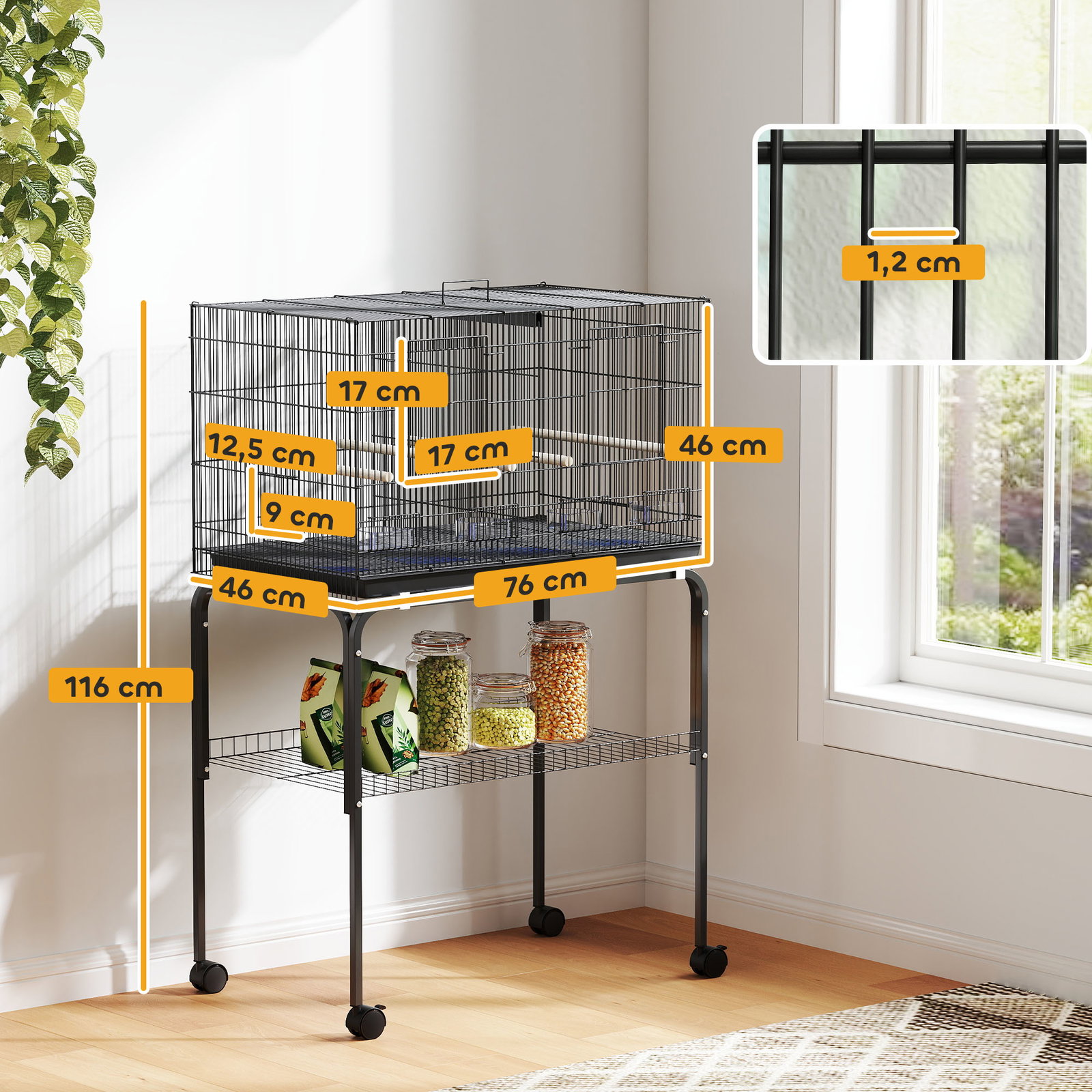 Gaiola para pássaros com divisória rodas gaiola para aves com comedouros poleiros e bandeja removível 76x46x116 cm preto