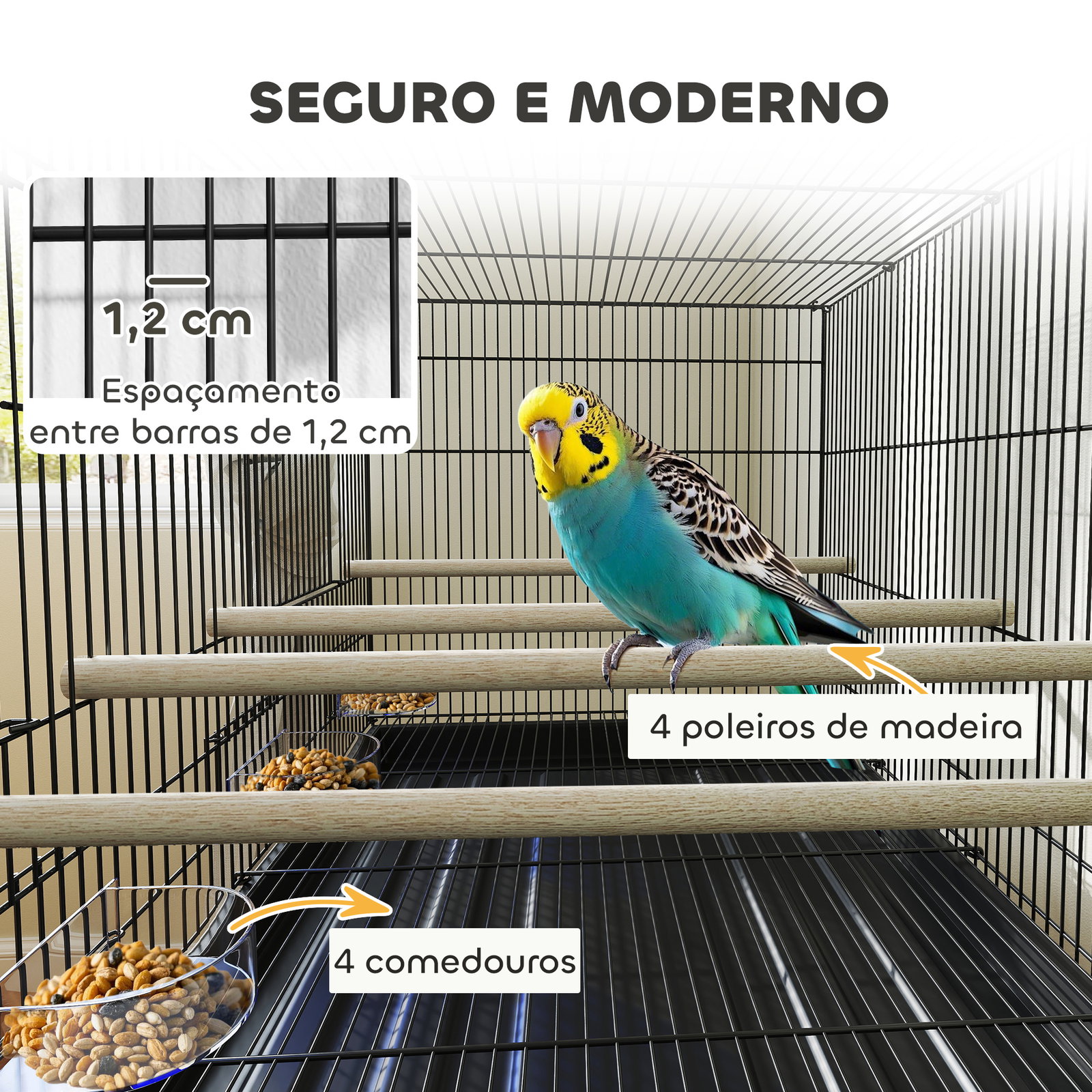 Gaiola para pássaros com divisória rodas gaiola para aves com comedouros poleiros e bandeja removível 76x46x116 cm preto