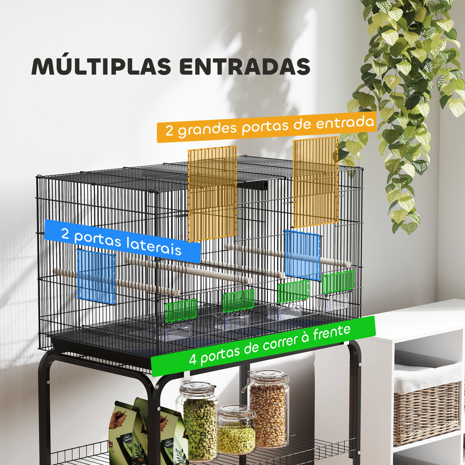 Gaiola para pássaros com divisória rodas gaiola para aves com comedouros poleiros e bandeja removível 76x46x116 cm preto