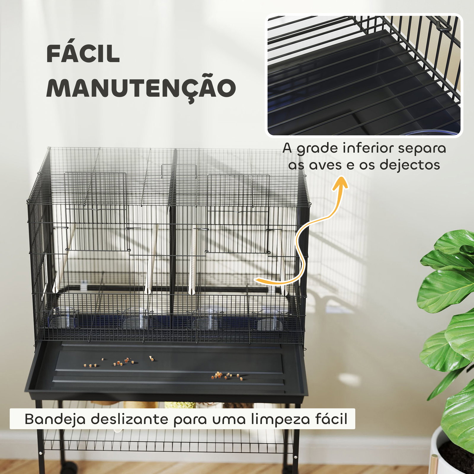 Gaiola para pássaros com divisória rodas gaiola para aves com comedouros poleiros e bandeja removível 76x46x116 cm preto