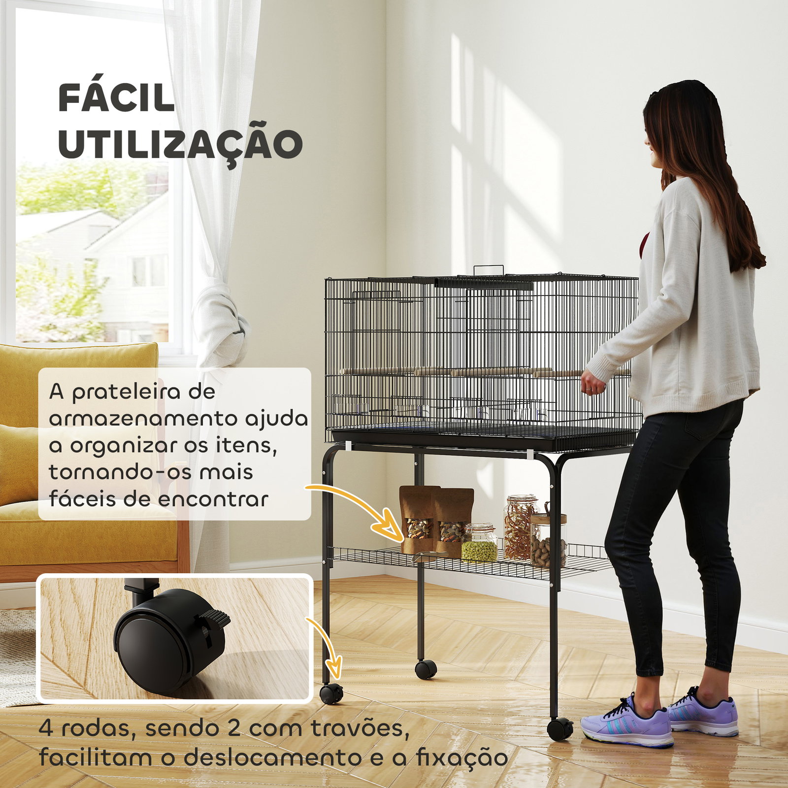 Gaiola para pássaros com divisória rodas gaiola para aves com comedouros poleiros e bandeja removível 76x46x116 cm preto
