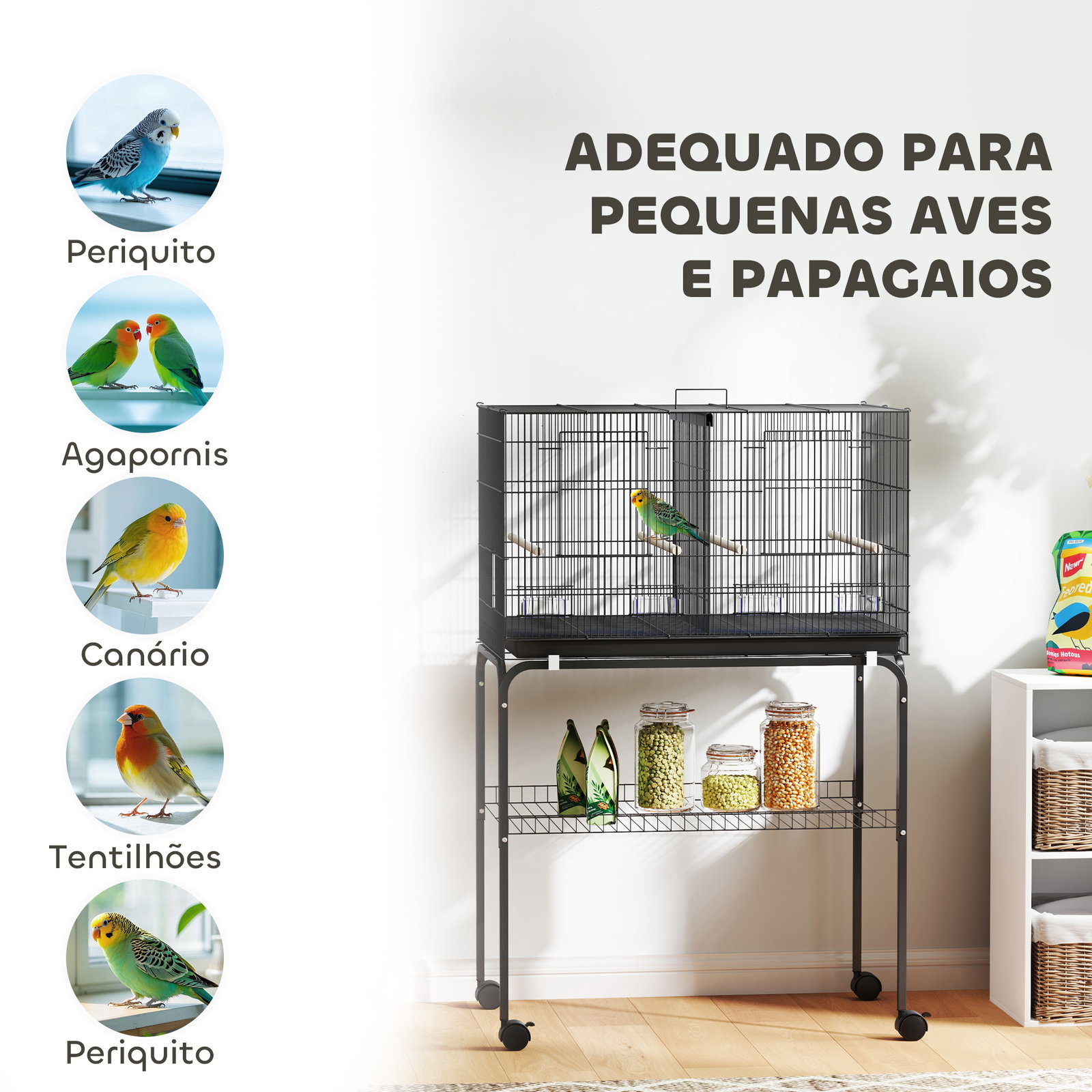 Gaiola para pássaros com divisória rodas gaiola para aves com comedouros poleiros e bandeja removível 76x46x116 cm preto