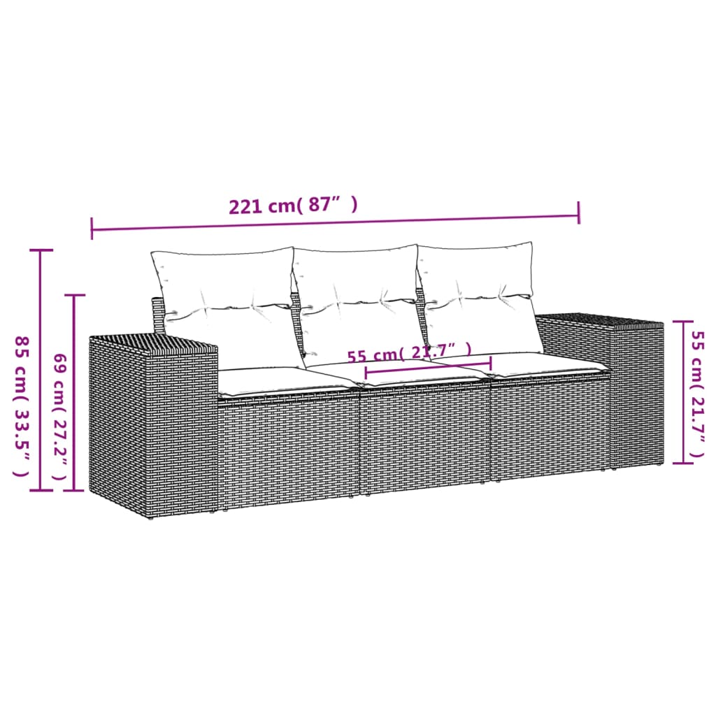 3 Pcs conjunto sofás de jardim com almofadões vime PE preto