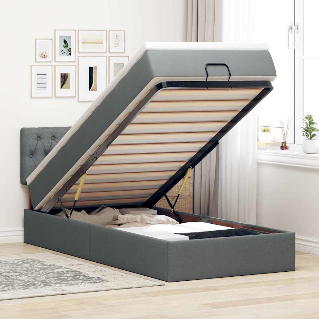 Cama otomana com colchão & leds 90x200cm tecido cinzento escuro