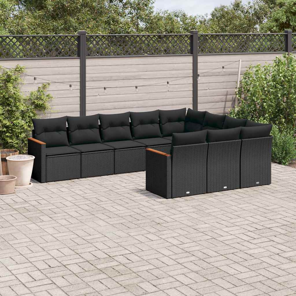 10 Pcs conjunto sofás de jardim c/ almofadões vime PE preto