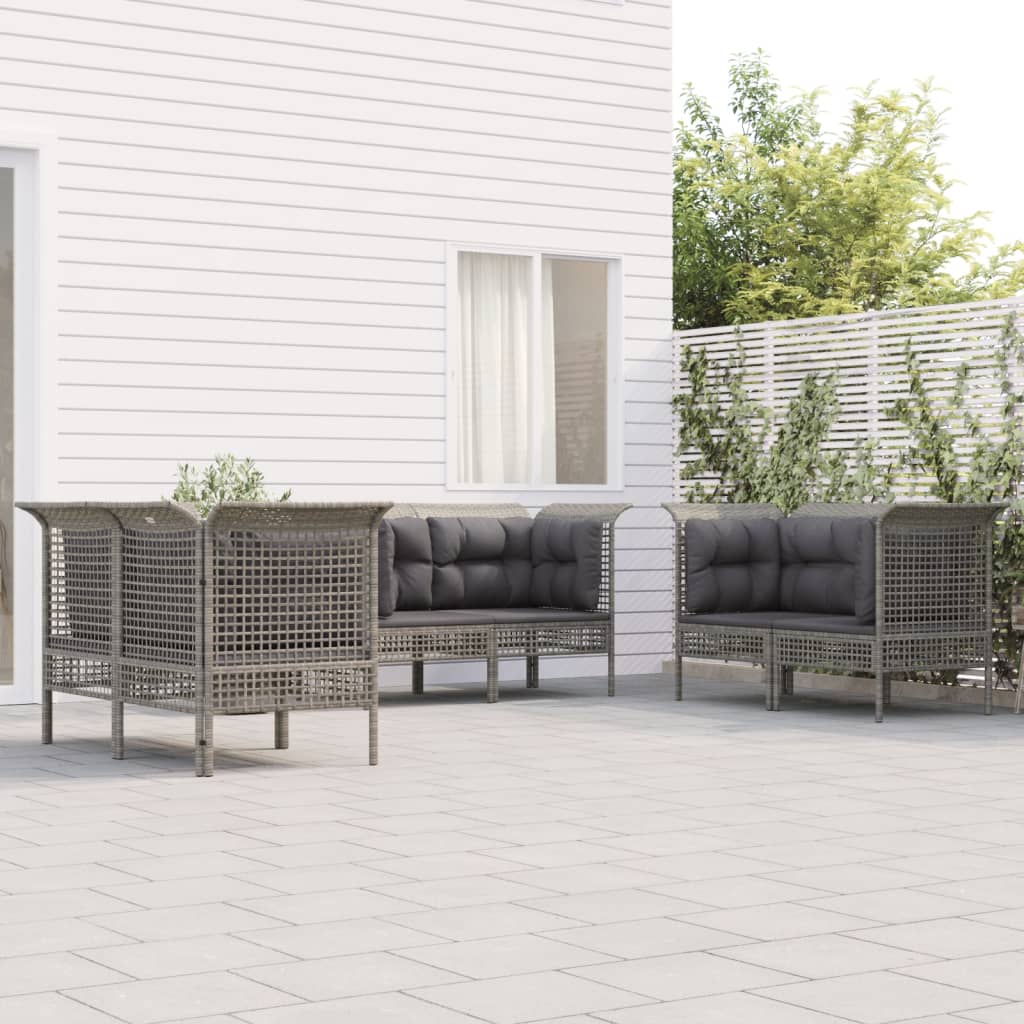 6 Pcs conjunto lounge de jardim c/ almofadões vime PE cinzento