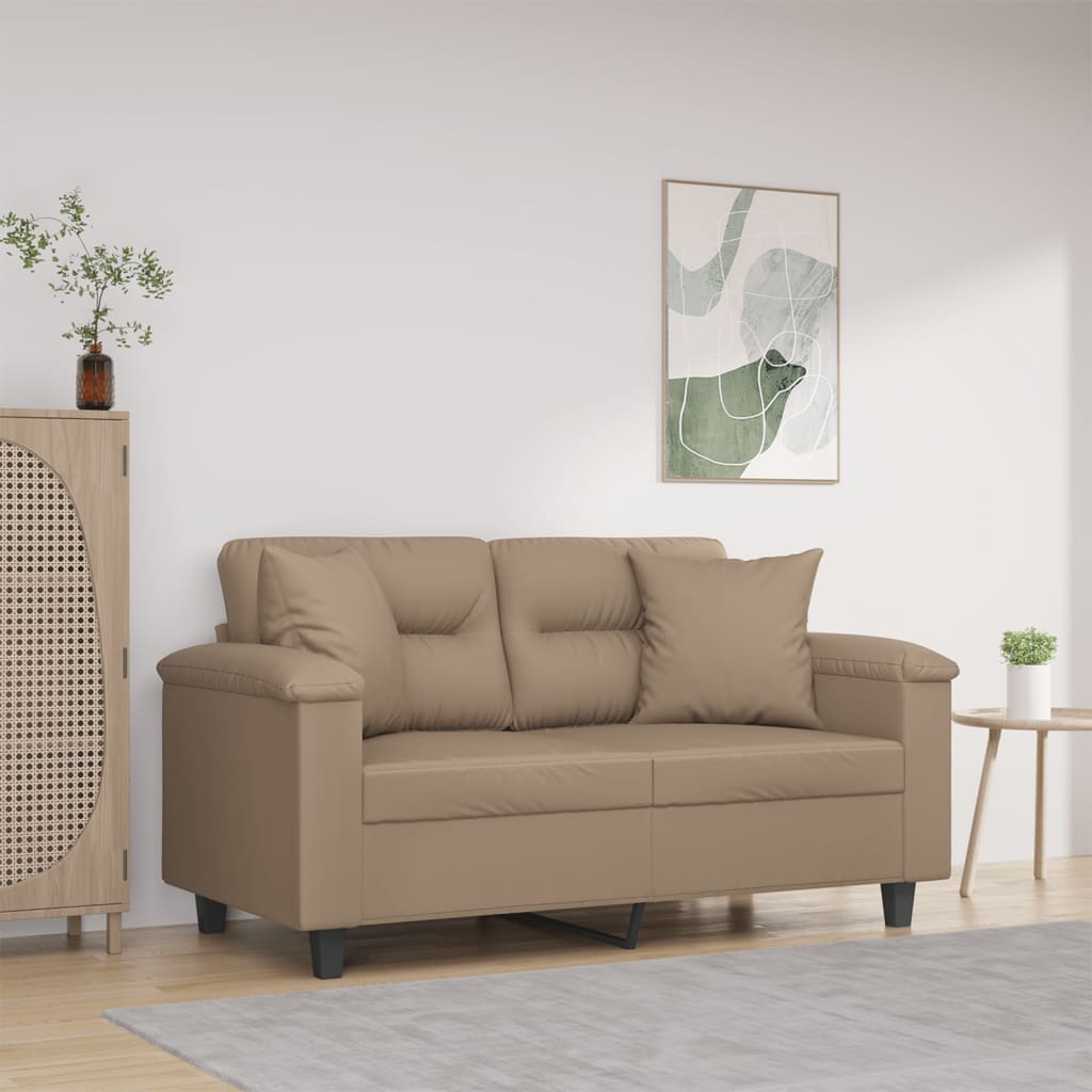 Sofá 2 lugares + almofadas 120 cm couro artificial cappuccino