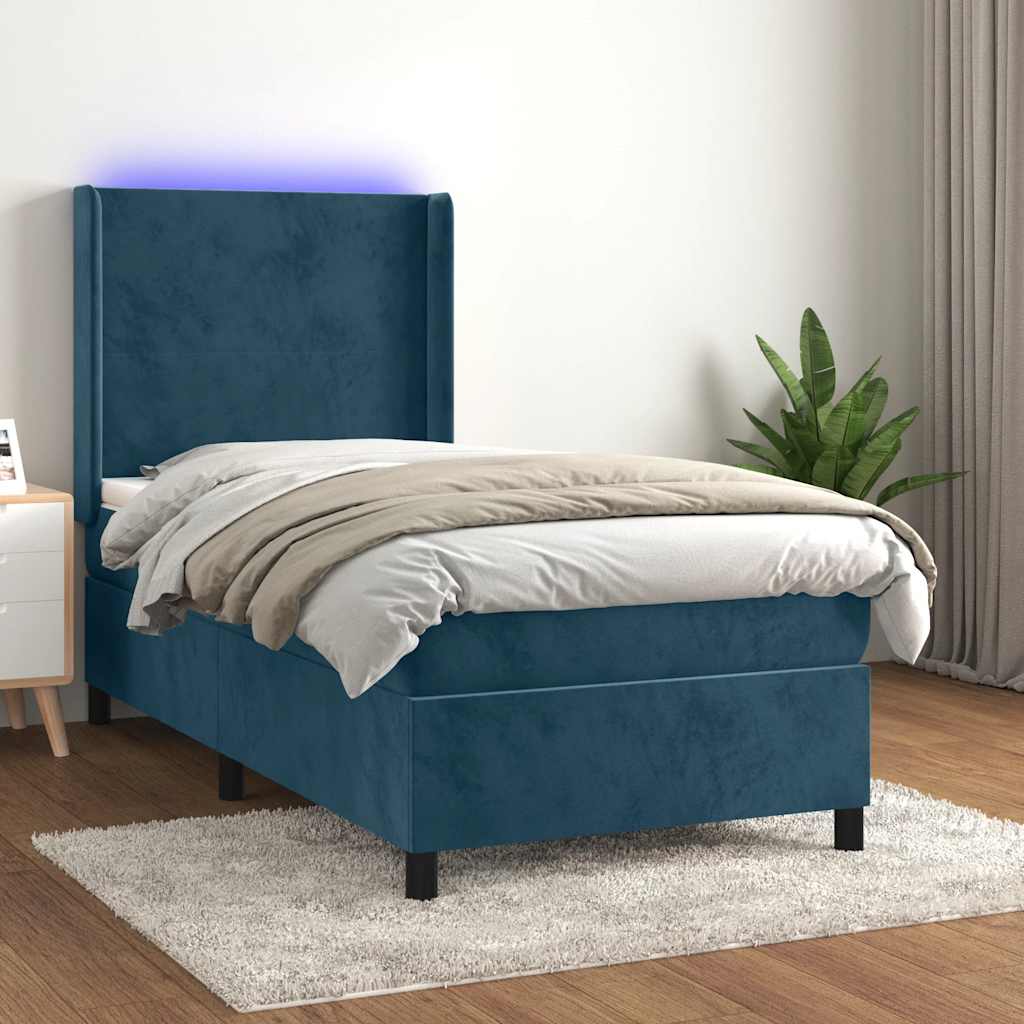 Cama box spring c/ colchão/LED 100x200 cm veludo azul-escuro