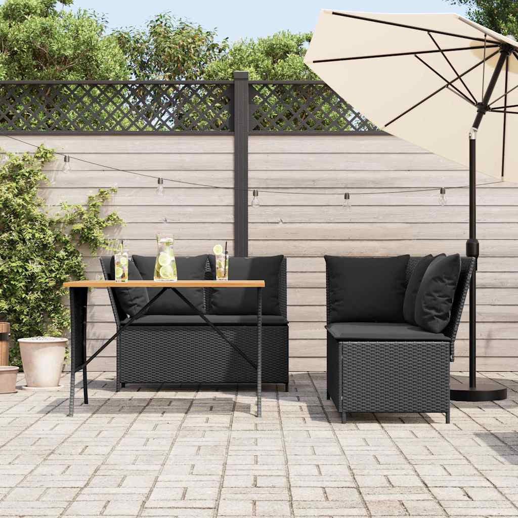 3 Pcs conjunto sofás de jardim com almofadões vime PE preto