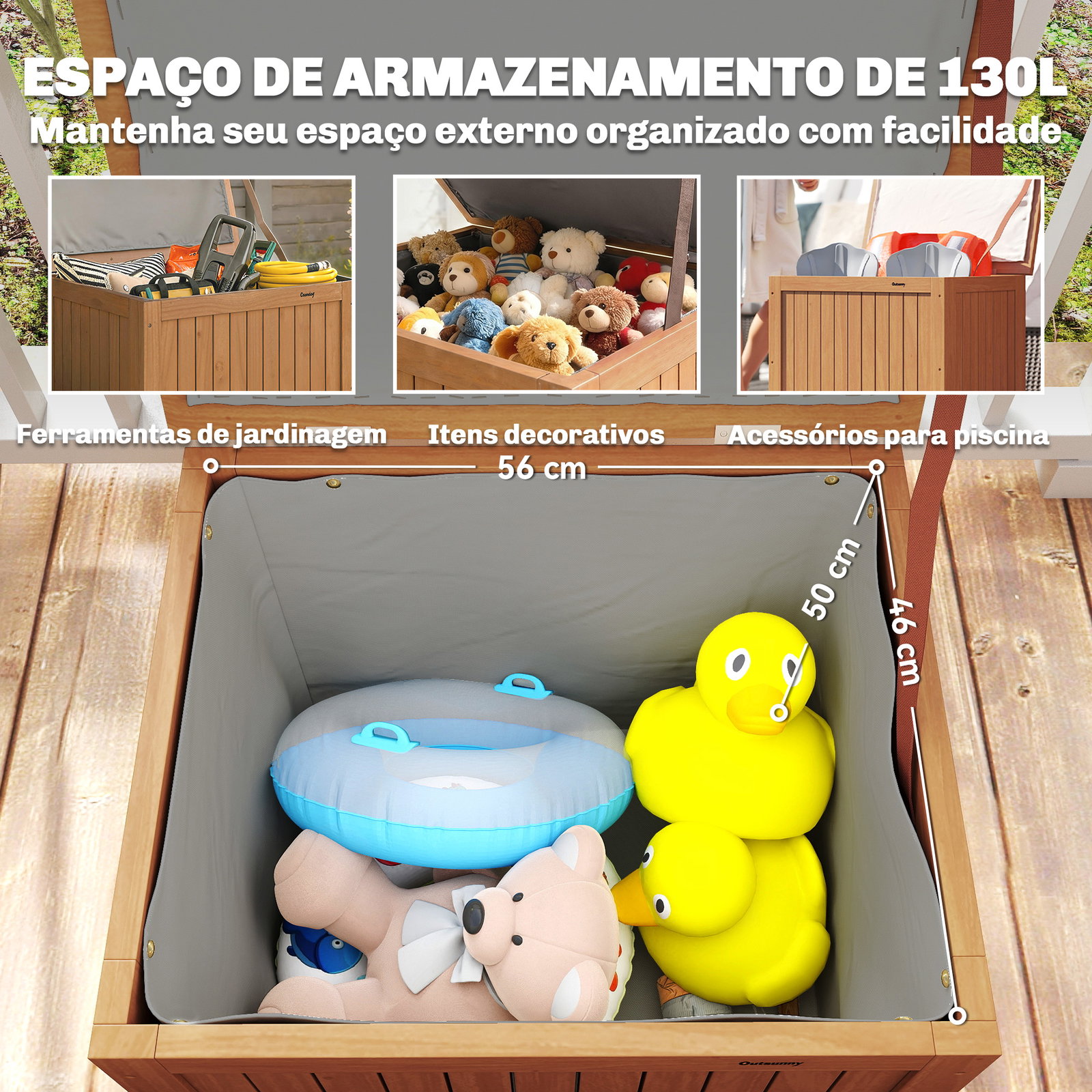 Baú de exterior em madeira 130l arca de armazenamento com forro tampa articulada e correia 63x51x58,5 cm castanho