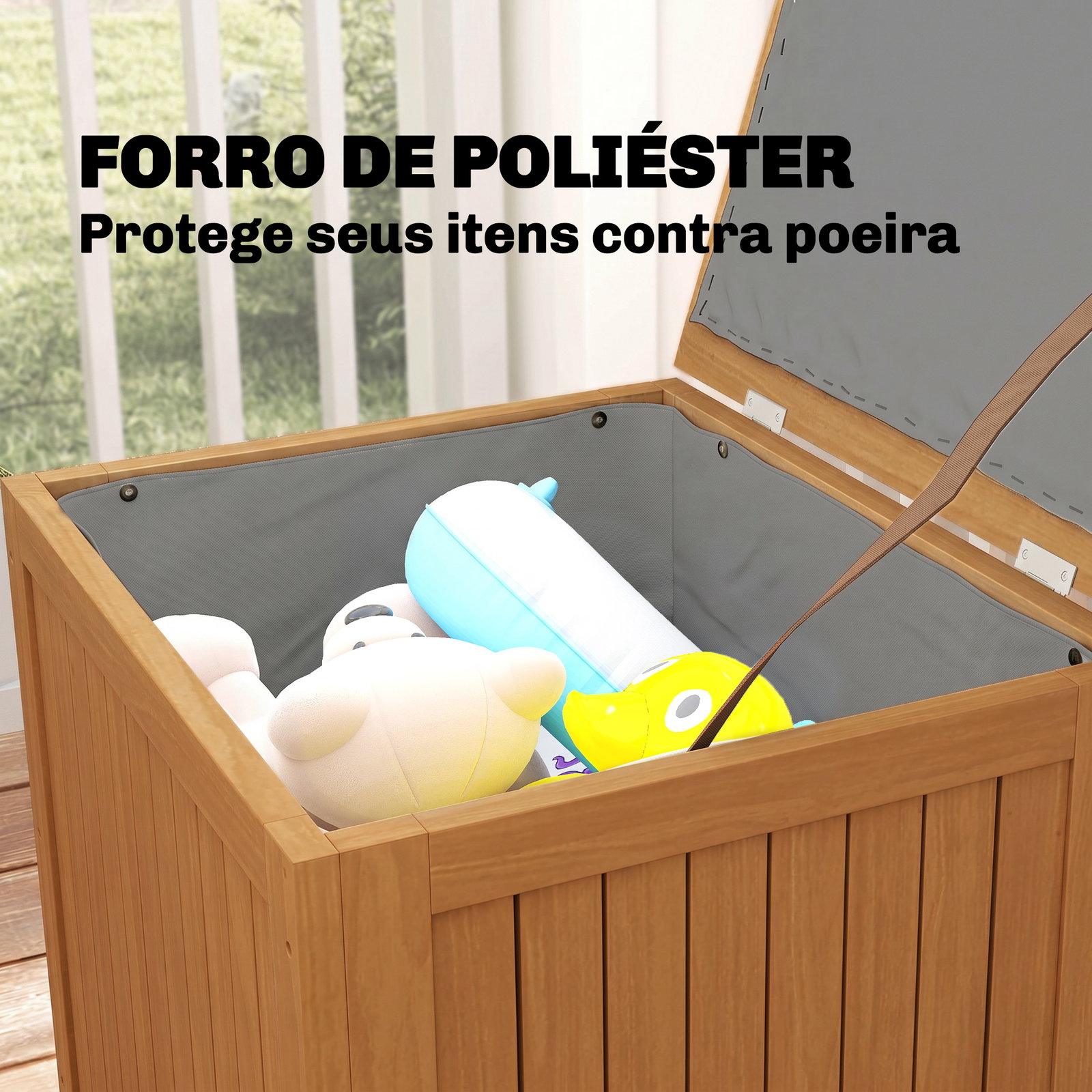 Baú de exterior em madeira 130l arca de armazenamento com forro tampa articulada e correia 63x51x58,5 cm castanho