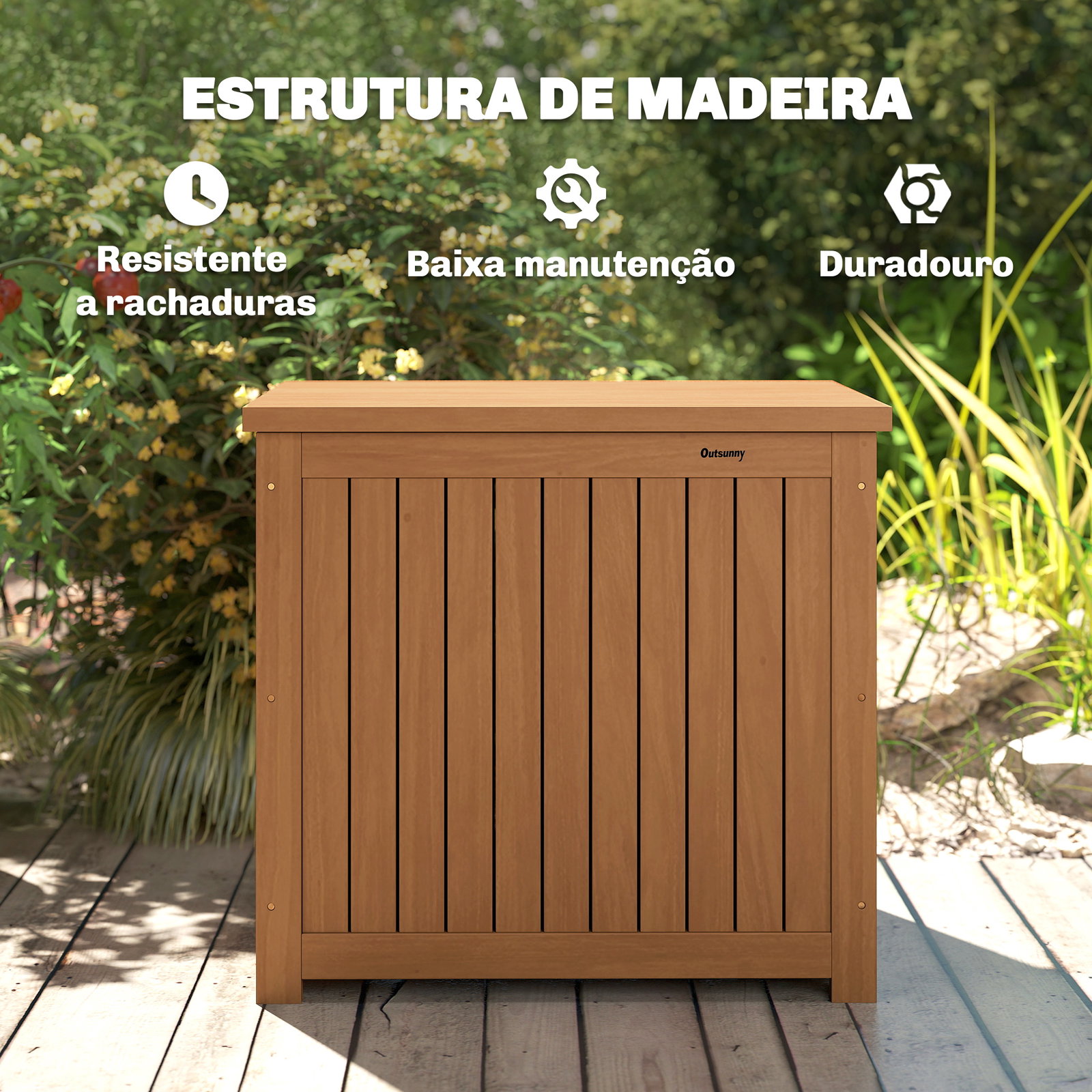 Baú de exterior em madeira 130l arca de armazenamento com forro tampa articulada e correia 63x51x58,5 cm castanho
