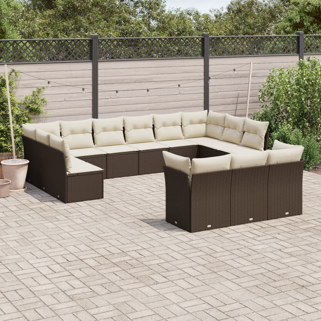 13 Pcs conjunto sofás p/ jardim c/ almofadões vime PE castanho