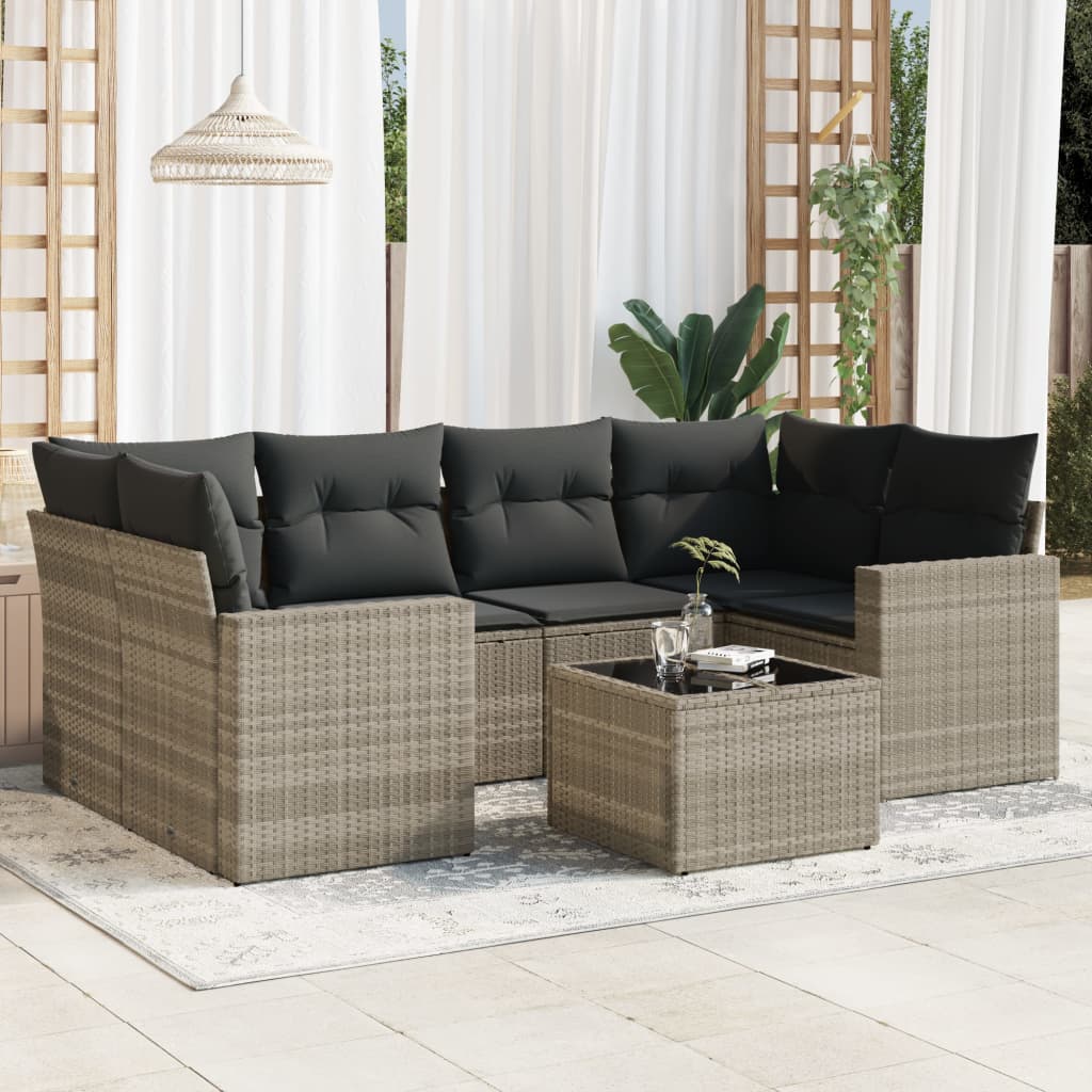 7 Pcs conj. sofás jardim com almofadões vime PE cinzento-claro