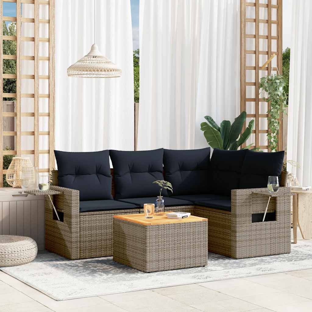 Conjunto de sofá de jardim de 5 peças com almofadas em rattan sintético cinza