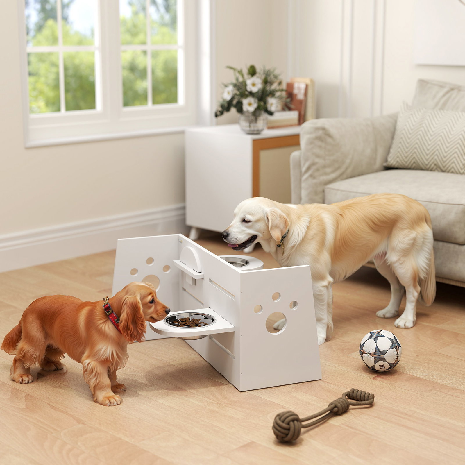 Comedouro para cães elevado com 3 alturas 2 tigelas 2x1l e sistema de alimentação lenta 63x58,5x40 cm branco