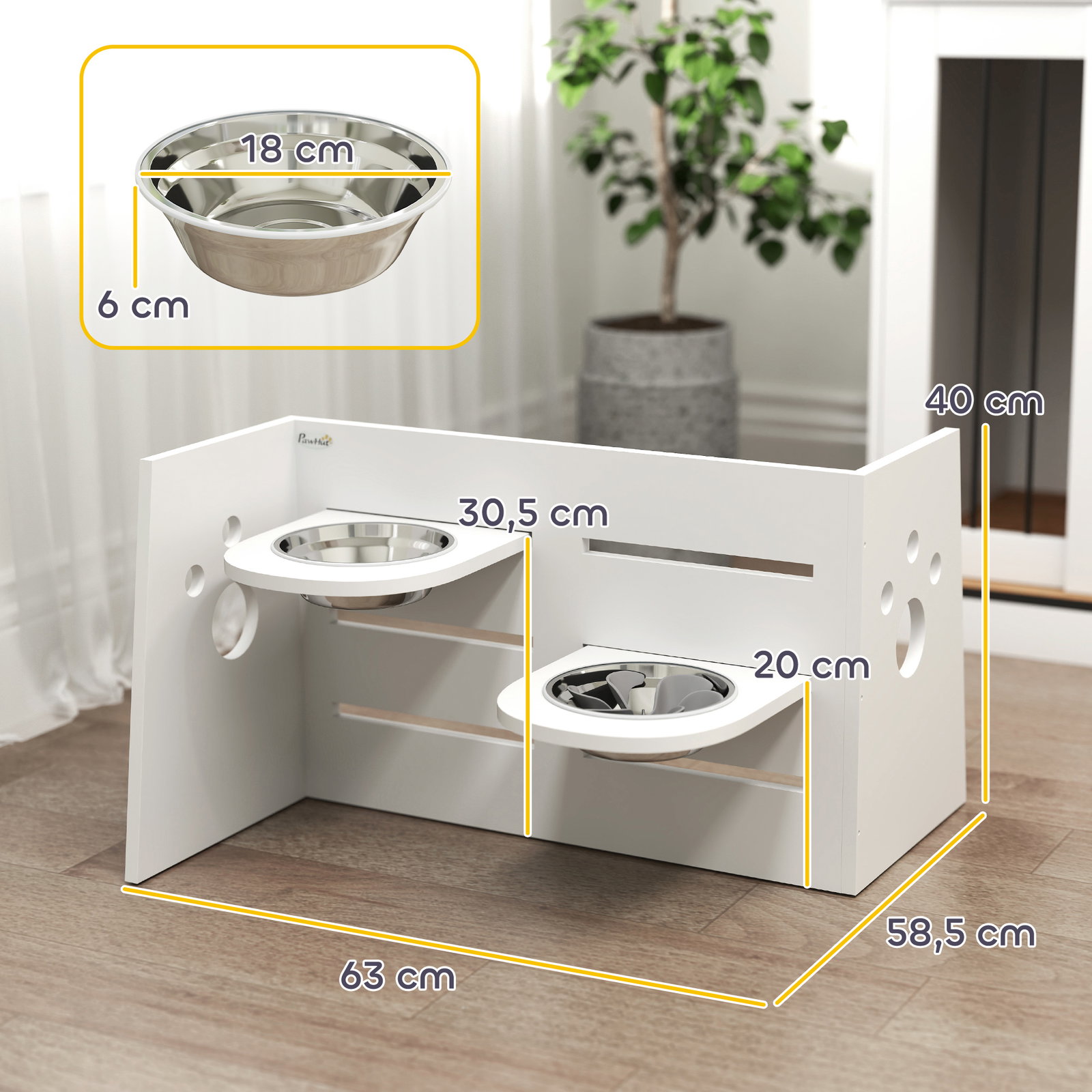 Comedouro para cães elevado com 3 alturas 2 tigelas 2x1l e sistema de alimentação lenta 63x58,5x40 cm branco