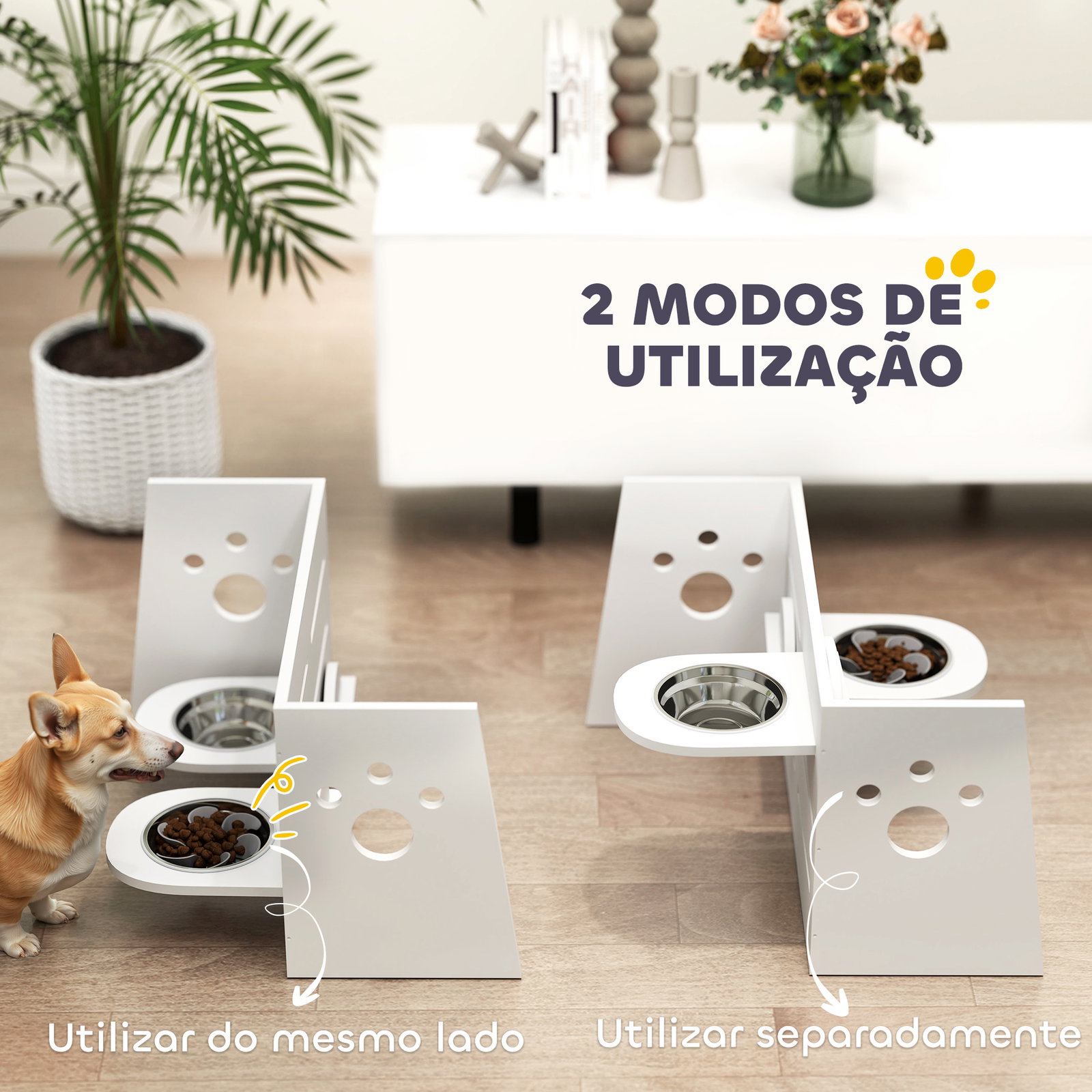 Comedouro para cães elevado com 3 alturas 2 tigelas 2x1l e sistema de alimentação lenta 63x58,5x40 cm branco