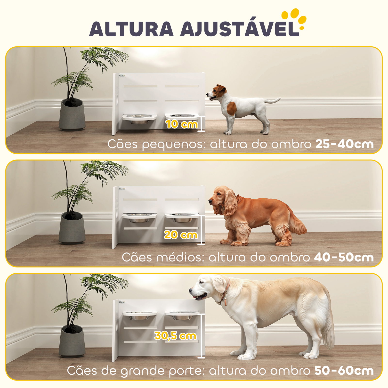 Comedouro para cães elevado com 3 alturas 2 tigelas 2x1l e sistema de alimentação lenta 63x58,5x40 cm branco