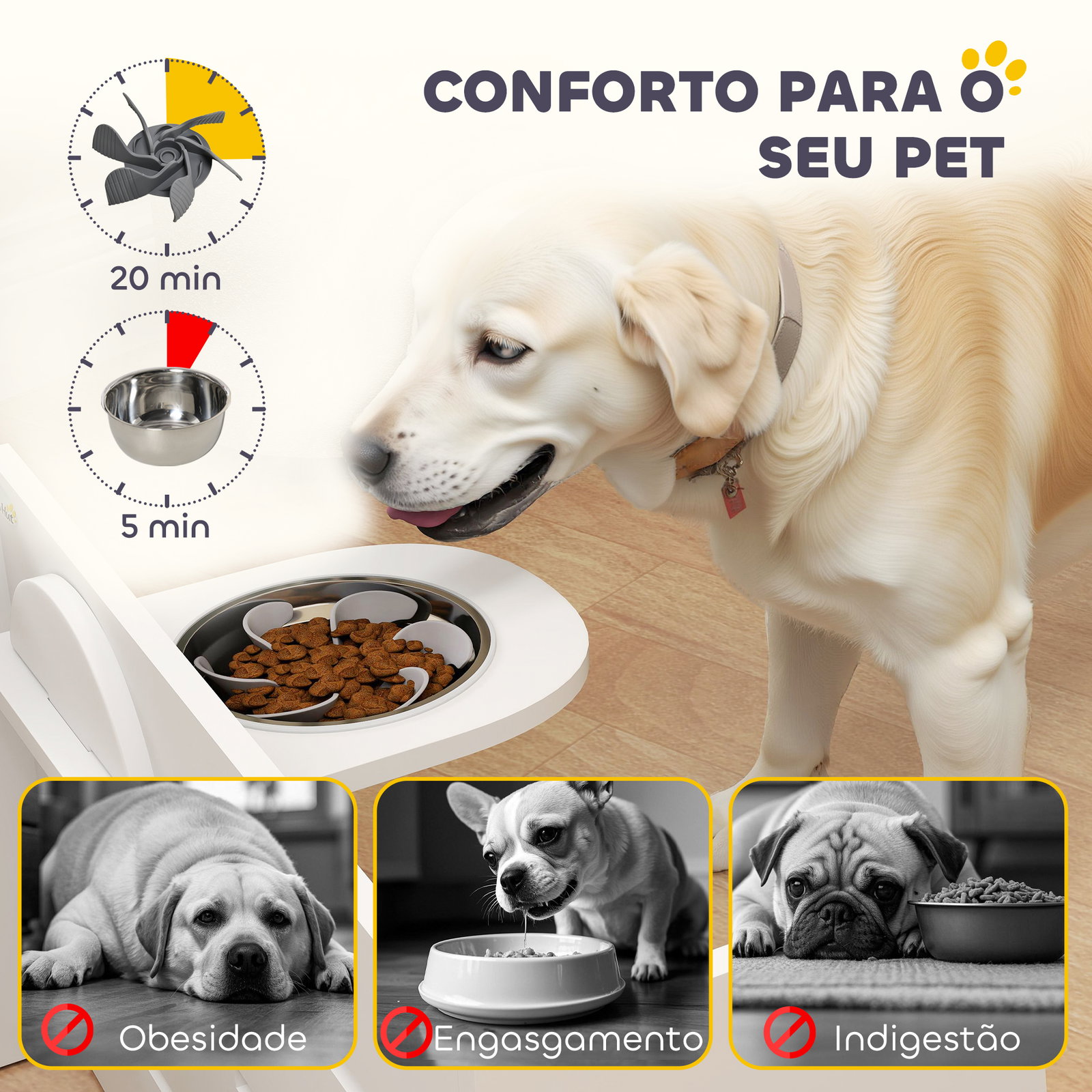 Comedouro para cães elevado com 3 alturas 2 tigelas 2x1l e sistema de alimentação lenta 63x58,5x40 cm branco
